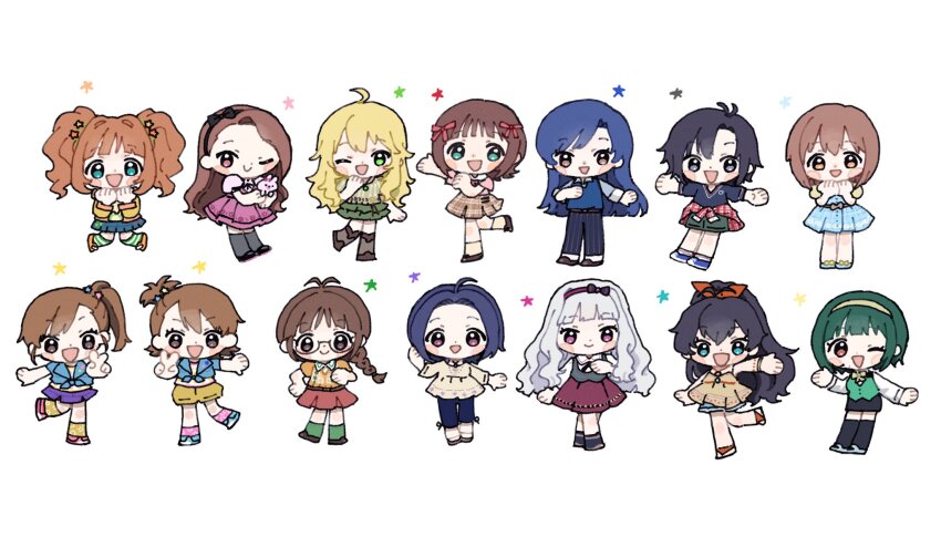 6+girls ahoge akizuki_ritsuko amami_haruka antenna_hair aqua_eyes asymmetrical_bangs belt black_footwear black_hair black_hairband black_shirt black_skirt black_socks blonde_hair blue_dress blue_footwear blue_hair blue_pants blue_shirt blue_skirt blue_sweater_vest blue_vest blunt_bangs blush_stickers bob_cut boots bow bow_hairband bowtie braid brown_eyes brown_footwear brown_hair brown_skirt c: chibi closed_mouth clothes_around_waist curtained_hair denim denim_shorts dot_nose dress everyone eyelashes flipped_hair foot_up futami_ami futami_mami ganaha_hibiki green_eyes green_shorts green_skirt green_socks green_vest grey_eyes grey_footwear grey_socks hagiwara_yukiho hair_ornament hair_ribbon hairband headset highres hood hoodie hoshii_miki idolmaster idolmaster_(classic) inverted_bob jacket jacket_around_waist jewelry juliet_sleeves kikuchi_makoto kisaragi_chihaya knee_boots kneehighs layered_skirt long_hair long_sleeves looking_at_viewer medium_hair messy_hair minase_iori miura_azusa multiple_girls neck_ribbon necklace nekozuka_(duka_nkdk) office_lady one_eye_closed open_mouth orange_hair orange_shoes orange_sweater otonashi_kotori pants parted_bangs pencil_skirt pink_dress pink_eyes pink_shirt pink_socks plaid_clothes plaid_skirt pleated_skirt polka_dot polka_dot_shirt ponytail puffy_sleeves purple_skirt red_footwear red_hairband red_skirt ribbon semi-rimless_eyewear shijou_takane shirt shoes short-sleeved_sweater short_hair short_shorts short_sleeves shorts siblings side_ponytail single_braid sisters skirt smile socks star_(symbol) star_hair_ornament straight_hair striped_clothes striped_pants striped_socks sweater sweater_vest takatsuki_yayoi tank_top thighhighs tied_jacket twins twintails usa-chan_(idolmaster) v vest waving wavy_hair white_background white_hair white_shirt white_socks wristband yellow_bow yellow_bowtie yellow_dress yellow_hoodie yellow_jacket yellow_shirt yellow_shorts yellow_socks yellow_tank_top