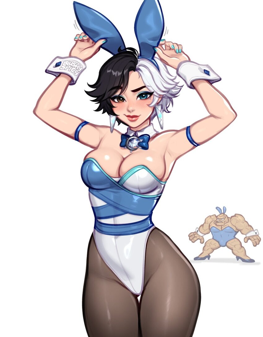 1boy 1girl animal_ears ben_grimm black_hair black_pantyhose blue_eyes blushyspicy breasts detached_collar fake_animal_ears fantastic_four heterochromia highres leotard looking_at_viewer luna_snow marvel marvel_rivals multicolored_hair pantyhose playboy_bunny rabbit_ears short_hair smile split-color_hair strapless strapless_leotard two-tone_hair white_hair wrist_cuffs