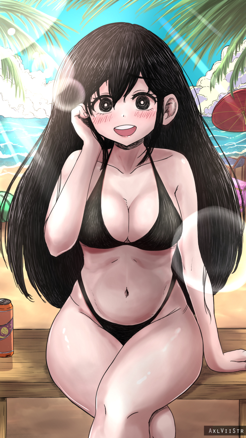1girl :d adjusting_hair axl_sevens beach bikini black_bikini black_eyes black_hair blush breasts bright_pupils cleavage collarbone crossed_legs hand_up highres large_breasts lens_flare long_hair looking_at_viewer mari_(faraway)_(omori) mari_(omori) navel omori open_mouth sitting smile solo swimsuit teeth thighs upper_teeth_only white_pupils