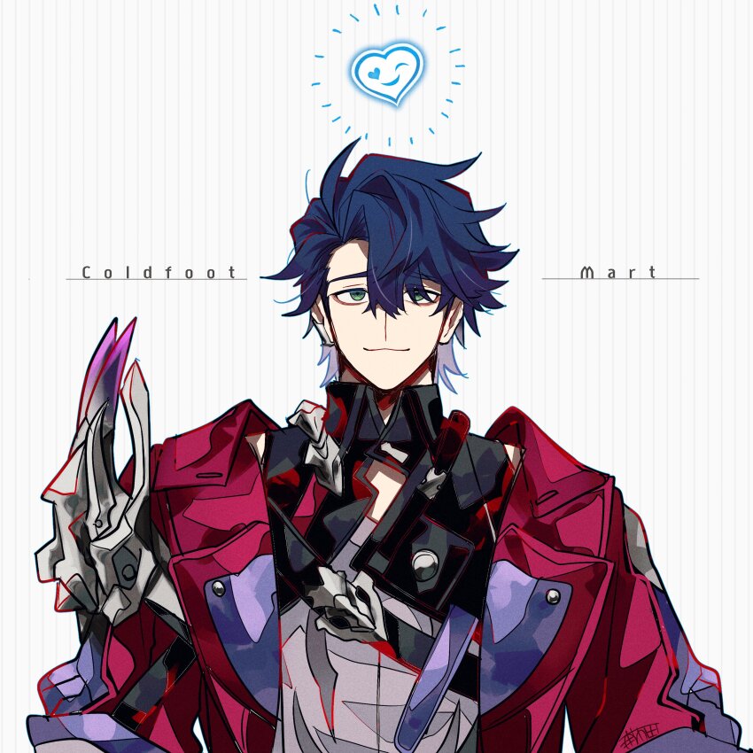 1boy :3 absurdres ahoge black_shirt blue_hair closed_mouth collared_shirt commentary_request english_text green_eyes grey_hair grey_shirt hair_between_eyes hair_over_one_eye heart highres honkai:_star_rail honkai_(series) jacket lapels looking_at_viewer male_focus multicolored_clothes multicolored_hair multicolored_shirt open_clothes open_jacket parted_bangs red_jacket sampo_koski shirt short_hair short_sleeves simple_background sleeveless sleeveless_shirt smile solo swept_bangs u_5ham0 upper_body white_background wing_collar