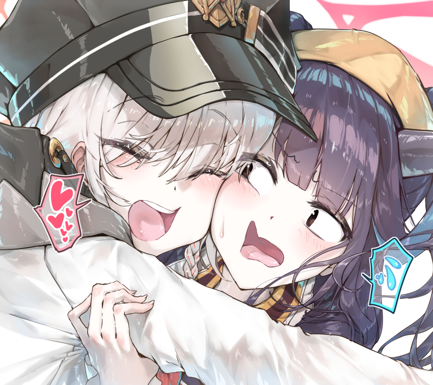 2girls absurdres black_hair black_hat black_horns blue_archive brown_eyes closed_eyes commentary_request demon_horns fuuka_(blue_archive) halo haruna_(blue_archive) hat heart highres horns hug long_hair looking_at_another looking_to_the_side multiple_girls open_mouth peaked_cap spoken_heart spoken_sweatdrop sunnysideup sweatdrop teeth tongue upper_teeth_only white_hair yuri
