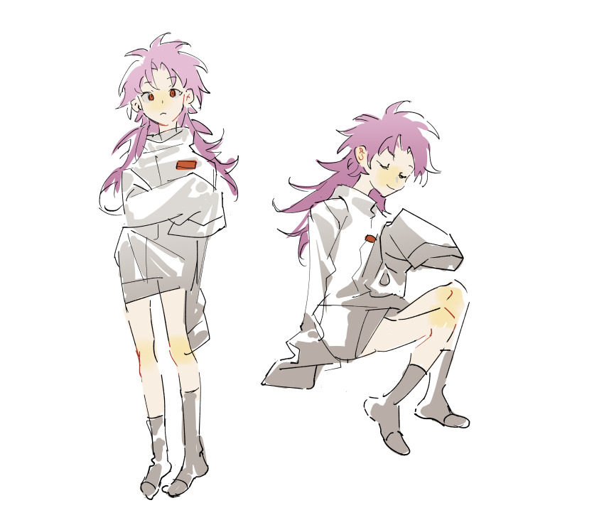 1boy absurdres aged_down chinese_commentary chuanhua closed_eyes closed_mouth commentary_request frown full_body hatsutori_hajime highres jacket long_hair long_sleeves male_focus multiple_views no_shoes oversized_clothes pink_hair red_eyes saibou_shinkyoku shorts simple_background sitting sketch sleeves_past_fingers sleeves_past_wrists socks white_background white_jacket white_shorts white_socks