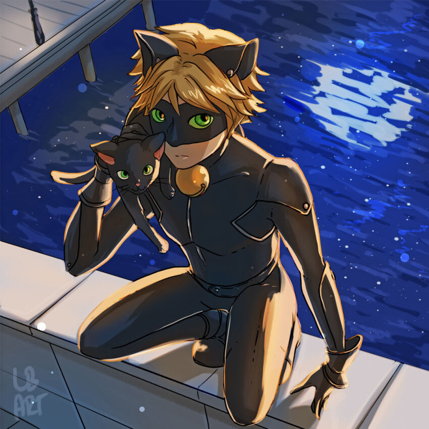 1boy 97pieces adrien_agreste animal animal_ears animal_on_shoulder bell black_bodysuit black_cat blonde_hair bodysuit cat cat_ears cat_on_shoulder chat_noir colored_sclera commentary domino_mask english_commentary fake_animal_ears from_above full_body green_eyes green_sclera jingle_bell looking_at_viewer male_focus mask miraculous_ladybug neck_bell signature solo squatting