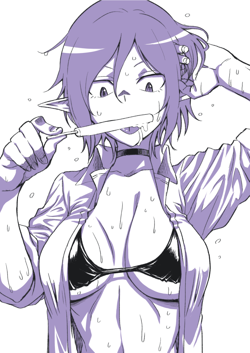 1girl bikini black_bikini breasts commentary crosshatching elf food hatching_(texture) highres holding holding_food holding_popsicle melting_popsicle natsumi_chorisuke original pointy_ears popsicle short_hair simple_background solo sweat swimsuit white_background