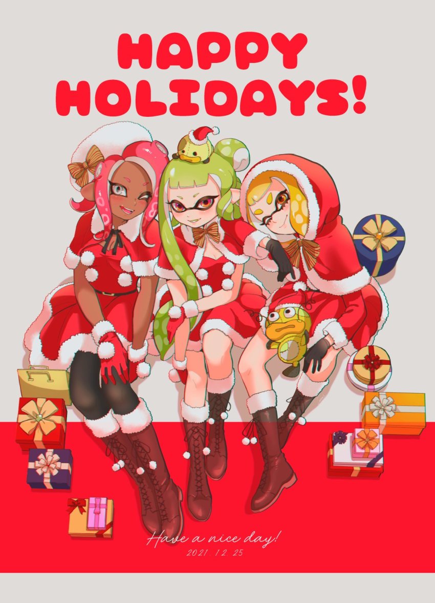 3girls black_footwear black_gloves black_legwear blonde_hair blunt_bangs boots capelet christmas closed_mouth colored_tongue commentary cursive dark-skinned_female dark_skin dated dress english_text fang fur-trimmed_capelet fur-trimmed_dress fur_trim gift gloves green_hair green_tongue grey_background grey_eyes hair_bun hand_on_own_arm hand_on_own_knee happy_holidays head_tilt highres hood hood_up hooded_capelet inkling inkling_girl inkling_player_character lace-up_boots leaning_on_person long_hair looking_at_viewer medium_hair multiple_girls nintendo octoling octoling_player_character one_eye_closed open_mouth orange_eyes pantyhose pointy_ears red_capelet red_dress red_eyes red_gloves red_hair santa_boots santa_costume santa_dress santa_gloves shadow short_dress short_hair side-by-side single_hair_bun sitting smile splatoon_(series) stuffed_toy suction_cups symbol-only_commentary tentacle_hair yeneny
