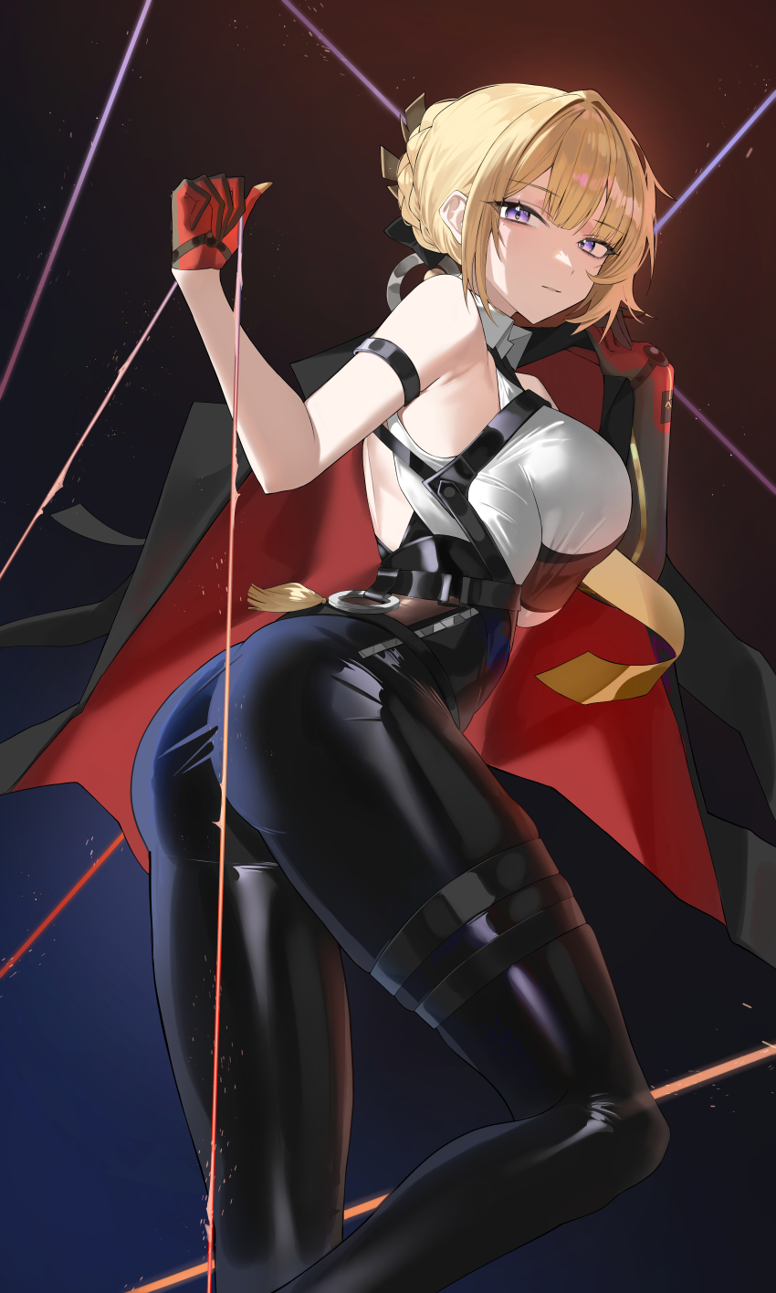 1girl absurdres arm_strap ass black_pants braid braided_bun breasts closed_mouth commentary_request evelyn_chevalier gloves hair_bun highres holding holding_jacket holding_string holding_unworn_clothes jacket large_breasts looking_back md5_mismatch necktie pants pigpotato purple_eyes red_gloves revision solo string tassel thigh_strap tight_clothes tight_pants unworn_jacket yellow_necktie zenless_zone_zero