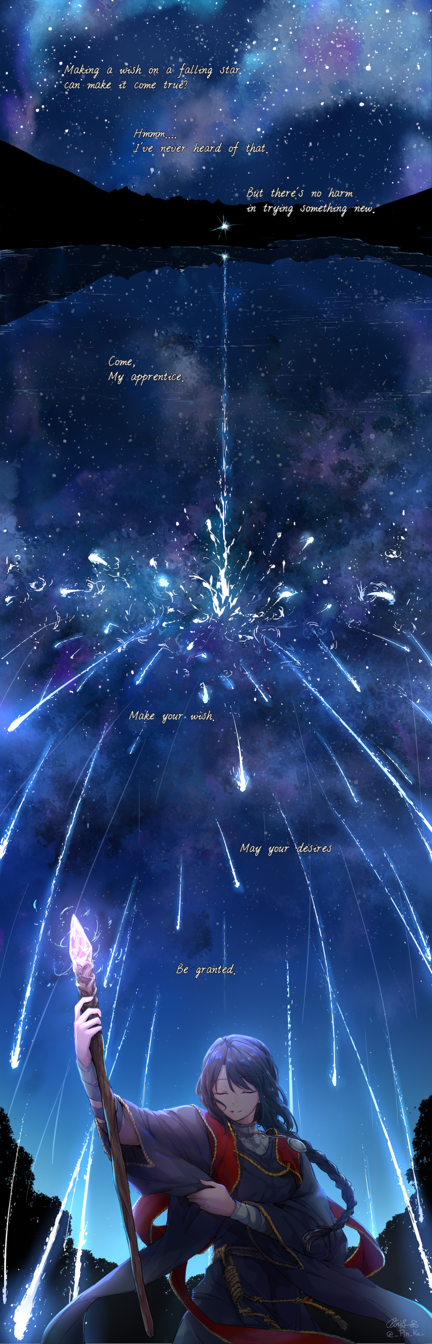 1girl absurdres bandaged_arm bandages blue_hair blue_robe casting_spell closed_eyes elden_ring english_text falling_star highres holding holding_staff long_hair magic outdoors parted_lips pin.s ponytail reflection reflective_water robe signature sky solo sorceress_sellen staff star_(sky) starry_sky translated twitter_username very_long_hair