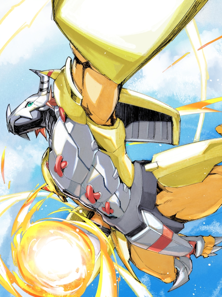 1boy armor crotch_plate digimon digimon_(creature) dragon fire foot_out_of_frame green_eyes helmet highres horns incoming_attack orange_armor red_hair short_hair shoulder_armor solo spiked_hair spikes takeuchi_(a3) wargreymon