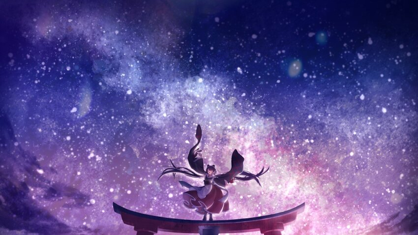 1girl animal_ears apron arm_up black_hair black_kimono black_sash closed_eyes commentary_request cross-laced_clothes cross-laced_sleeves dog_ears dog_girl dog_tail floating_clothes floating_hair furisode_sleeves hand_up highres inui_toko inui_toko_(1st_costume) japanese_clothes kimono kutori_pan&#039;ya long_hair long_skirt long_sleeves low_twintails night night_sky nijisanji obi red_skirt sash skirt sky solo standing_on_torii star_(sky) starry_sky tail tail_under_clothes torii twintails very_long_hair virtual_youtuber waist_apron white_apron wide_shot