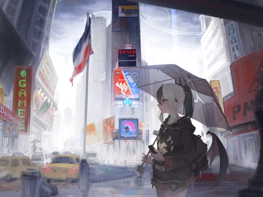 1girl absurdres ad backpack bag black_bag black_choker black_hair black_horns black_jacket blue_archive choker city closed_mouth commentary_request demon_horns demon_wings ear_piercing flag from_side gehenna_academy_logo grey_halo hair_between_eyes halo highres holding holding_phone holding_umbrella hood hooded_jacket horns jacket kayoko_(blue_archive) linxi long_hair low_wings mcdonald&#039;s miniskirt multicolored_hair phone piercing plaid_clothes plaid_skirt ponytail red_eyes red_skirt single_wing skirt solo taxi trinity_general_school_logo two-tone_hair umbrella white_hair wings