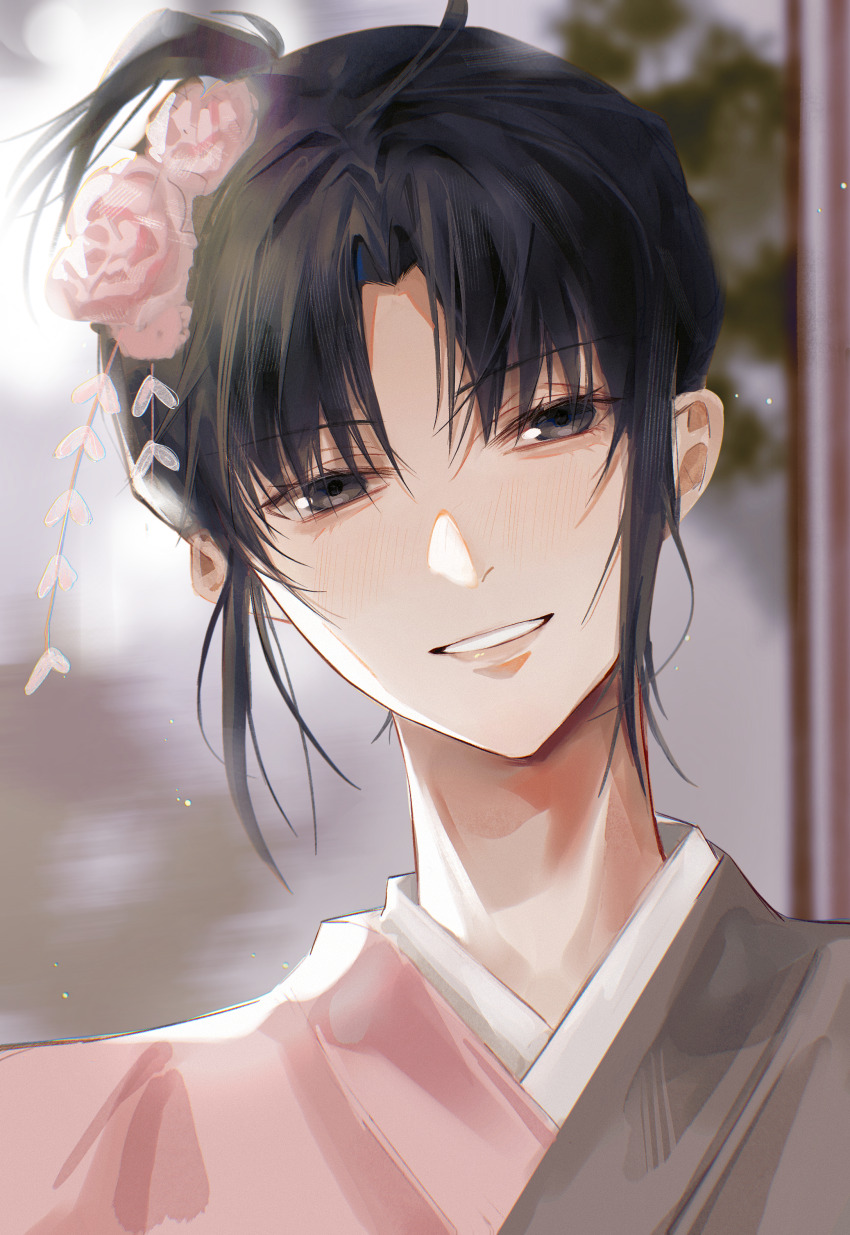 1girl absurdres black_eyes black_hair blush flower hair_bun hair_flower hair_ornament highres japanese_clothes kara_no_kyoukai kimono pink_kimono pppeipeipipi ryougi_shiki smile solo updo