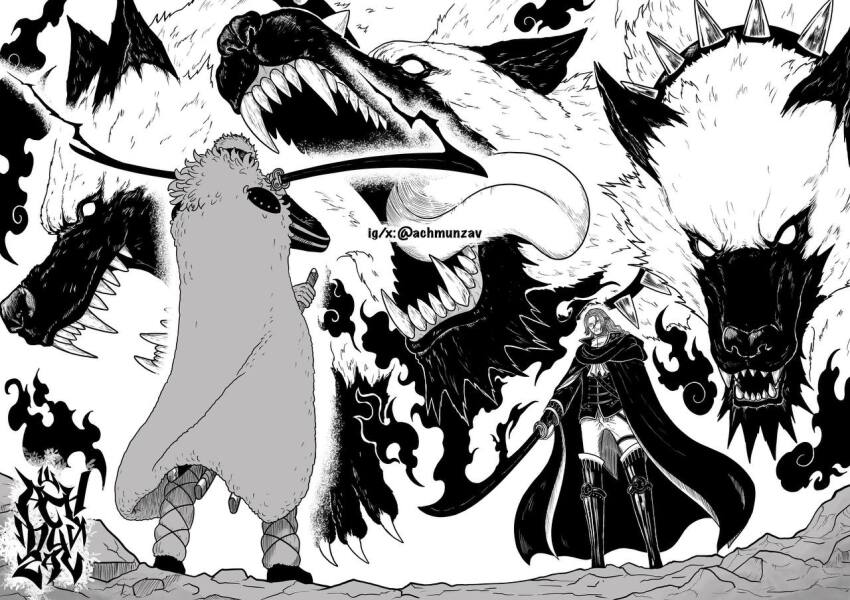 2boys achmunzav ascot black_cape boots cape cerberus collar dog empty_eyes figarland_shamrock fighting_stance holding holding_sword holding_weapon leather leather_boots living_weapon long_hair male_focus military_uniform monochrome monster multiple_boys one_piece open_mouth roronoa_zoro sharp_teeth short_hair spiked_collar spikes sword teeth thigh_boots tongue tongue_out twitter_username weapon white_ascot white_cape