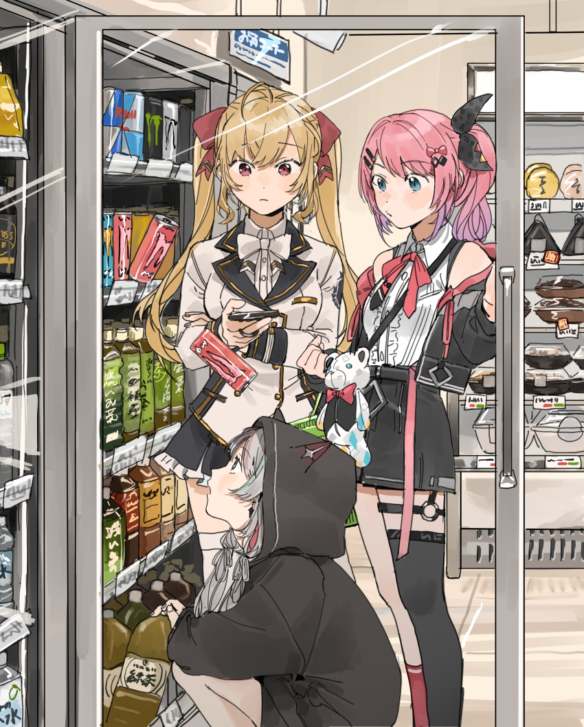 3girls absurdres black_skirt blonde_hair blue_eyes bottle bow can energy_drink falling glass_door_refrigerator grey_hair hair_bow hair_ornament hair_ribbon hairclip highres hood hood_up indoors ishigami_nozomi ishigami_nozomi_(2nd_costume) koinko_(hunjinwashow) kuramochi_meruto kuramochi_meruto_(1st_costume) monster_energy multiple_girls nijisanji pink_bow pink_hair purple_hair red_bull red_eyes red_ribbon refrigerator rene_(kuramochi_meruto) ribbon shop skirt squatting stuffed_animal stuffed_toy takamiya_rion takamiya_rion_(1st_costume) tea teddy_bear virtual_youtuber