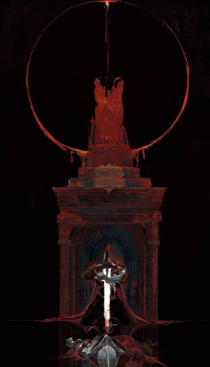 2boys abyss_watcher armor black_background blood bloody_weapon cape chenyangforone dagger dark_souls_(series) dark_souls_iii darksign_(dark_souls) full_armor gauntlets greatsword hashtag-only_commentary helmet highres holding holding_dagger holding_knife holding_weapon kneeling knife lying multiple_boys on_back planted planted_sword planted_weapon red_cape shoulder_armor shoulder_plates sword throne torn_cape torn_clothes weapon