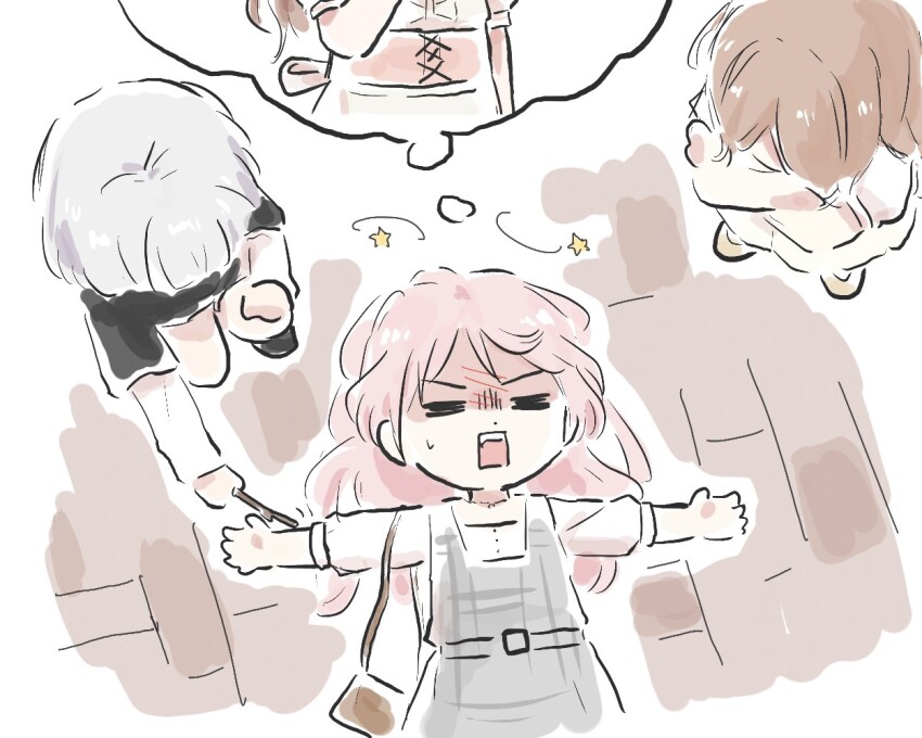 3girls =_= bang_dream! bang_dream!_it&#039;s_mygo!!!!! black_shirt brown_hair chihaya_anon commentary_request dress fang grey_dress imagining kaname_raana layered_sleeves long_hair long_sleeves lying lyy multiple_girls nagasaki_soyo on_back pinafore_dress pink_hair plaid_clothes plaid_dress shirt short_over_long_sleeves short_sleeves sleeveless sleeveless_dress star_(symbol) stick sweatdrop teeth upper_teeth_only white_hair white_shirt