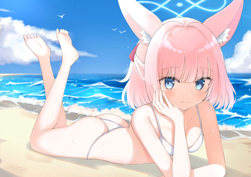 1girl animal_ear_fluff animal_ears arm_support ass backlighting bare_legs bare_shoulders barefoot beach bikini bird blue_archive blue_eyes blue_halo blue_sky blunt_bangs blush breasts closed_mouth collarbone commentary day eyes_visible_through_hair feet fox_ears fox_girl full_body hair_ribbon half_updo halo hand_on_own_cheek hand_on_own_face highres knees_together_feet_apart looking_at_viewer lying medium_hair niko_(blue_archive) ocean on_stomach outdoors pink_hair ponytail preste red_ribbon ribbon seagull short_ponytail sky small_breasts smile soles solo split_mouth swimsuit the_pose toes wet white_bikini