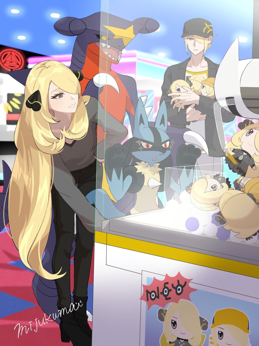 1boy 1girl absurdres ancestor_and_descendant arcade baseball_cap black_pants blonde_hair character_doll crane_game cynthia_(pokemon) doll garchomp gen_2_pokemon gen_4_pokemon grey_eyes grey_shirt hair_ornament hair_over_one_eye hat highres holding holding_doll long_hair long_sleeves lucario mijukuma nintendo open_mouth pants pokemon pokemon_(creature) pokemon_dppt pokemon_legends:_arceus shirt smile standing unown unown_e unown_n unown_w v-neck very_long_hair volo_(pokemon)