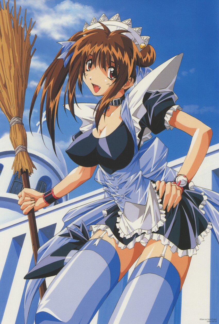 absurdres apron breasts brown_eyes brown_hair double_bun fang garter_straps hair_bun highres large_breasts nanako_kaitai_shinsho non-web_source nurse official_art panties shichigusa_nanako thighhighs underwear white_panties yamashita_toshinari
