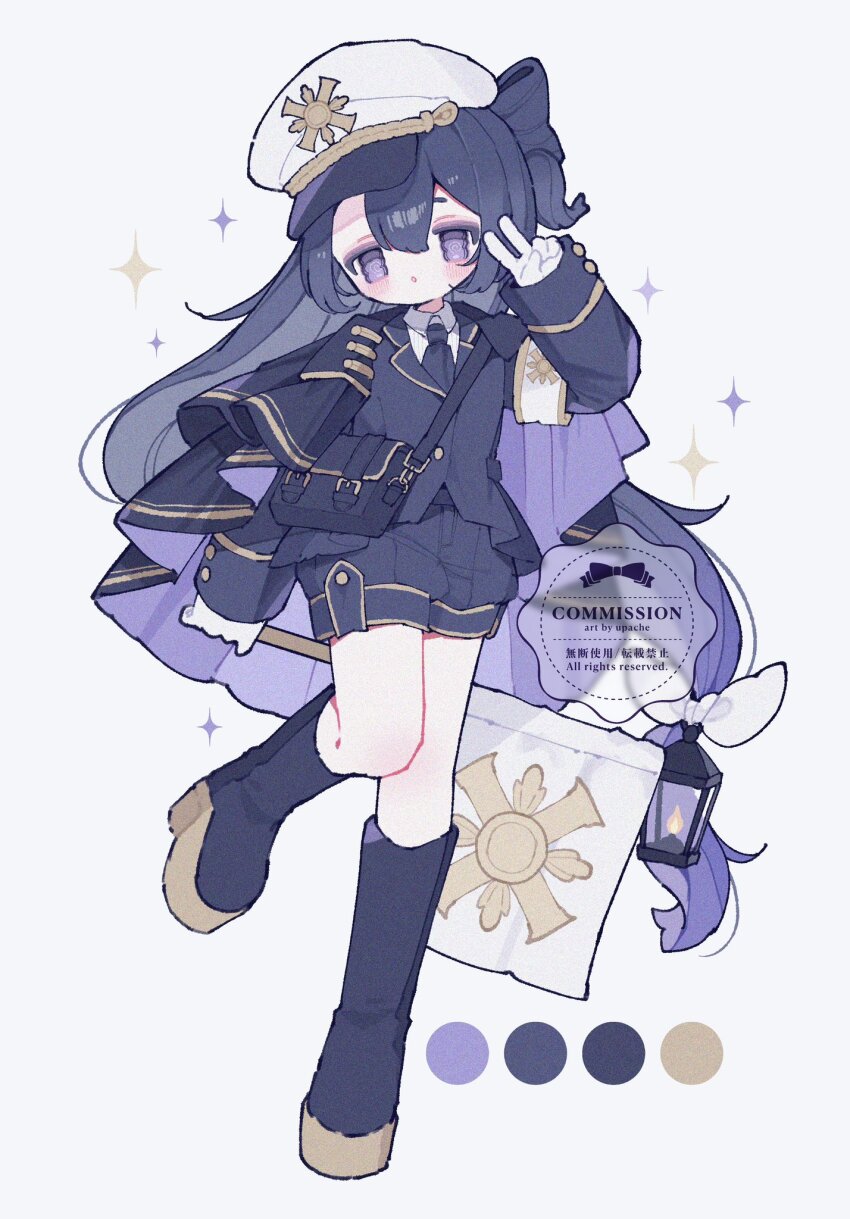 1girl artist_name bag black_boots black_cape black_jacket black_necktie black_shorts blue_hair blush boots cape color_guide commentary commission double-parted_bangs full_body gloves hair_between_eyes hand_up hat highres jacket knee_boots lantern long_hair long_sleeves necktie one_side_up original parted_lips peaked_cap shorts simple_background solo standing standing_on_one_leg upache v watermark white_background white_gloves white_hat wing_collar