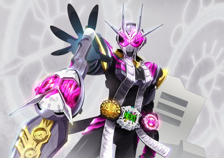 1boy absurdres alternate_costume armor black_armor black_bodysuit bodysuit clock_hands compound_eyes gloves highres horns kamen_rider kamen_rider_zi-o kamen_rider_zi-o_(series) kamen_rider_zi-o_ii male_focus multiple_horns official_alternate_costume otokamu pink_eyes pink_gloves planted planted_sword planted_weapon solo sword weapon zikan_girade ziku_driver