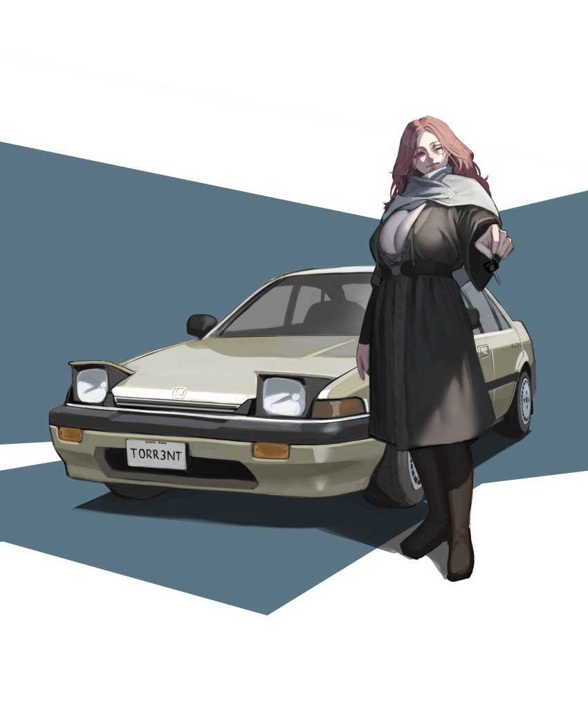 1girl absurdres alternate_breast_size alternate_hair_length alternate_hairstyle breasts brown_hair car cleavage cloak dress elden_ring full_body highres honda_accord hood hooded_cloak large_breasts long_hair melina_(elden_ring) motor_vehicle one-eyed one_eye_closed presenting simple_background source_request standing sweetcassava