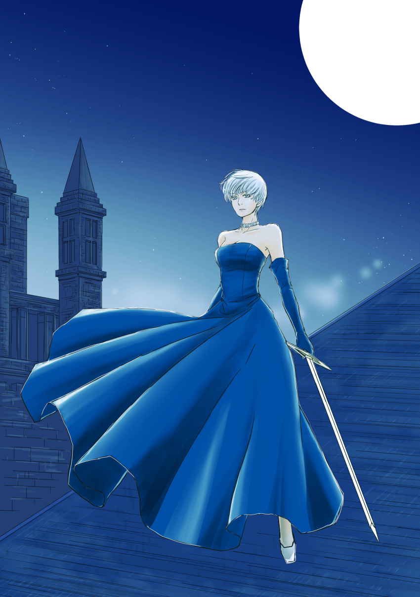 1girl bare_shoulders blue_dress breasts chiako_(chanome) choker cleavage dress elbow_gloves full_moon gloves grey_hair highres holding holding_sword holding_weapon lace lace_choker long_dress medium_breasts moon night on_roof outdoors pixie_cut radiant_historia short_hair solo star_(sky) strapless strapless_dress sword very_short_hair viola_(radiant_historia) weapon white_footwear
