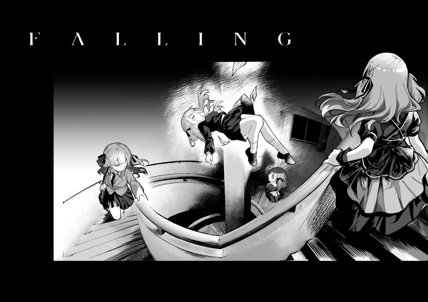 4girls absurdres age_progression arcgi4 bang_dream! bang_dream!_it&#039;s_mygo!!!!! child closed_mouth collared_shirt commentary dress english_commentary english_text falling greyscale haneoka_school_uniform highres indoors jacket kneehighs loafers long_hair long_sleeves midair monochrome multiple_girls multiple_persona necktie oblivionis_(bang_dream!) on_stairs pleated_skirt school_uniform sheet_music shirt shoes short_sleeves skirt socks spiral_staircase stairs time_paradox togawa_sakiko tsukinomori_school_uniform two_side_up