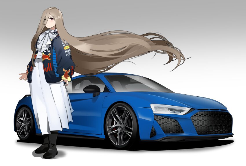 1girl absurdres audi audi_r8 black_boots black_jacket blue_car boots brown_hair car commentary commission dress english_commentary floating_hair formula_one gradient_background highres holeecrab jacket long_hair motor_vehicle open_hands purple_eyes red_bull sense_(sousou_no_frieren) shadow sleeves_past_wrists solo sousou_no_frieren sports_car vehicle_focus very_long_hair white_dress