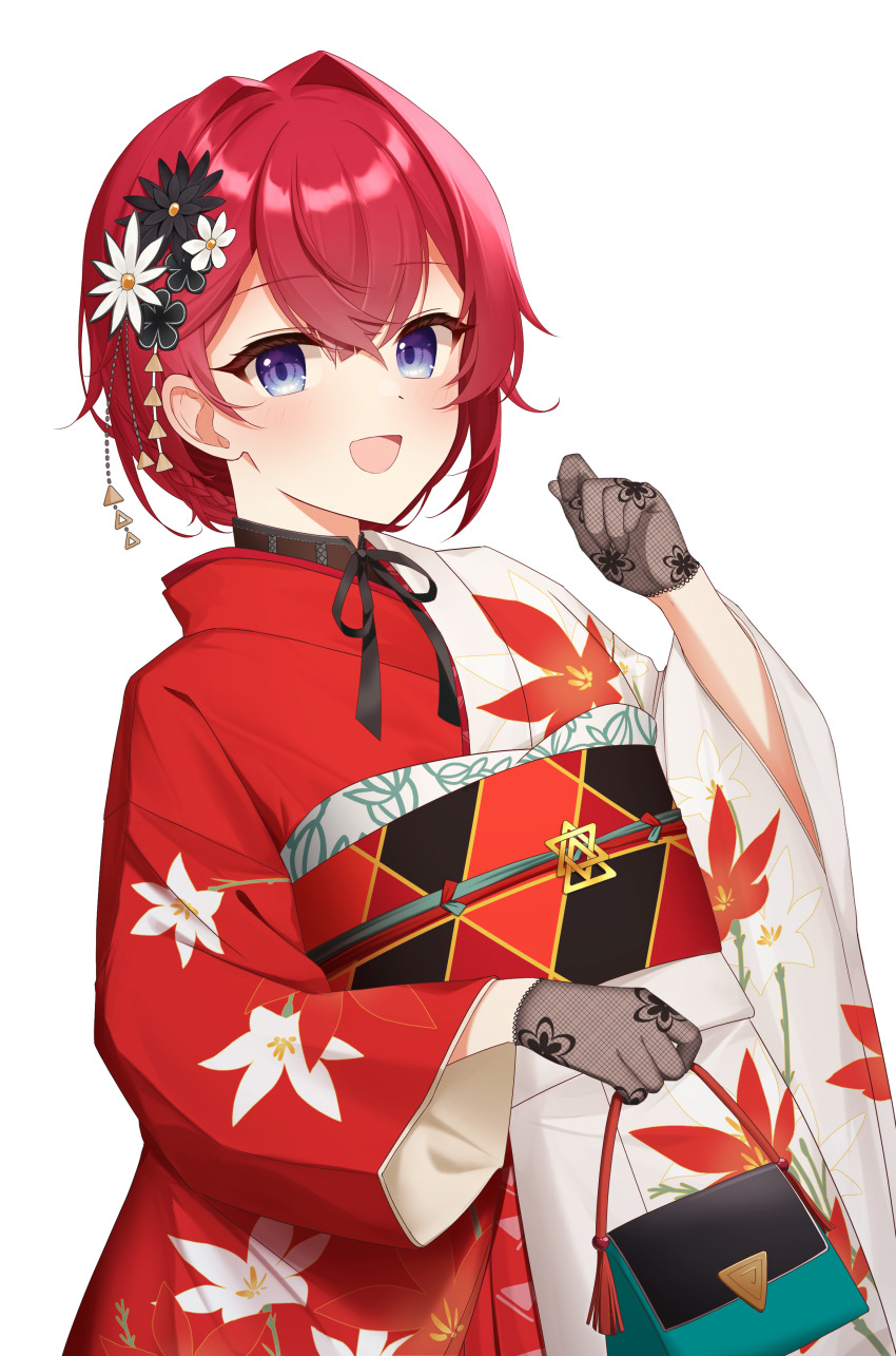 1girl :d absurdres ange_katrina ange_katrina_(new_year) aqua_bag bag black_flower black_gloves black_ribbon black_sash braid commentary_request cowboy_shot crossed_bangs flat_chest floral_print floral_print_gloves floral_print_kimono flower gloves hair_flower hair_intakes hair_ornament hand_up handbag highres holding holding_bag japanese_clothes kanzashi kimono kuya_knn lace lace_gloves light_blush looking_at_viewer multicolored_sash nijisanji obi obiage obidome obijime open_mouth orange_sash partial_commentary print_kimono purple_eyes red_hair red_kimono red_sash ribbon sash simple_background single_sidelock smile solo tsumami_kanzashi virtual_youtuber white_background white_flower white_kimono