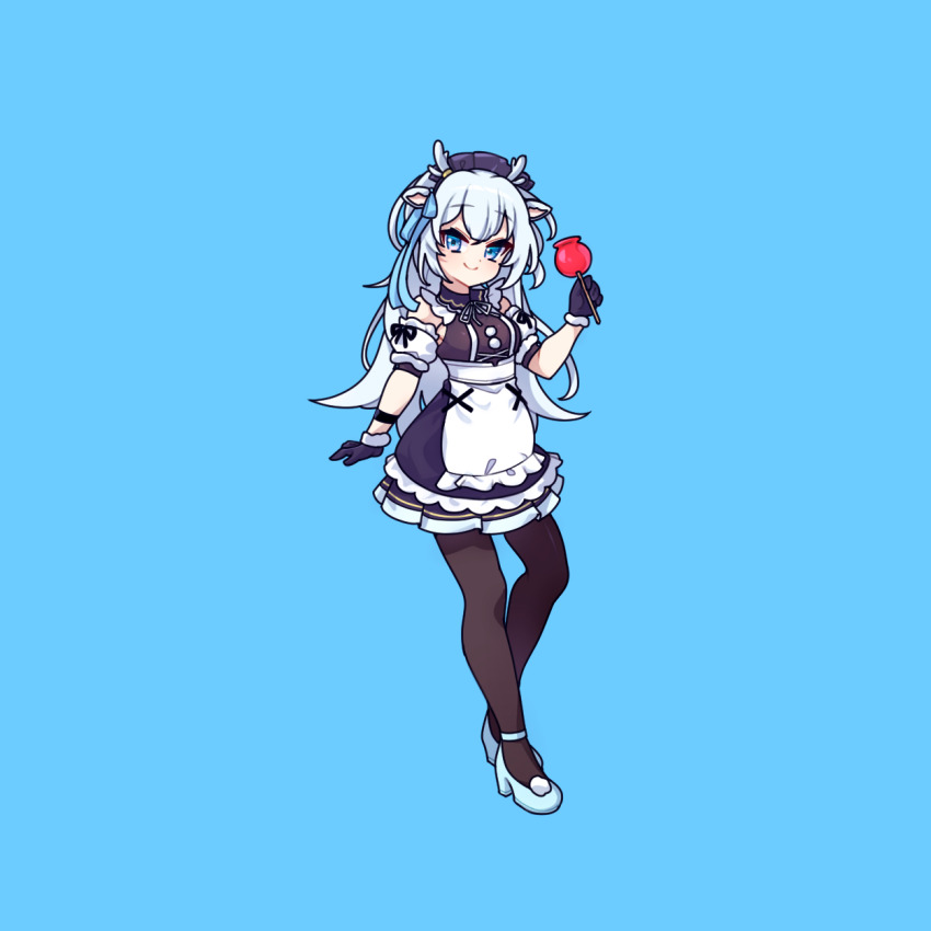 1girl blue_eyes blue_hair candy_apple cross_(vgne4542) food hakushika_iori highres long_hair phase_connect ribbon smile solo virtual_youtuber