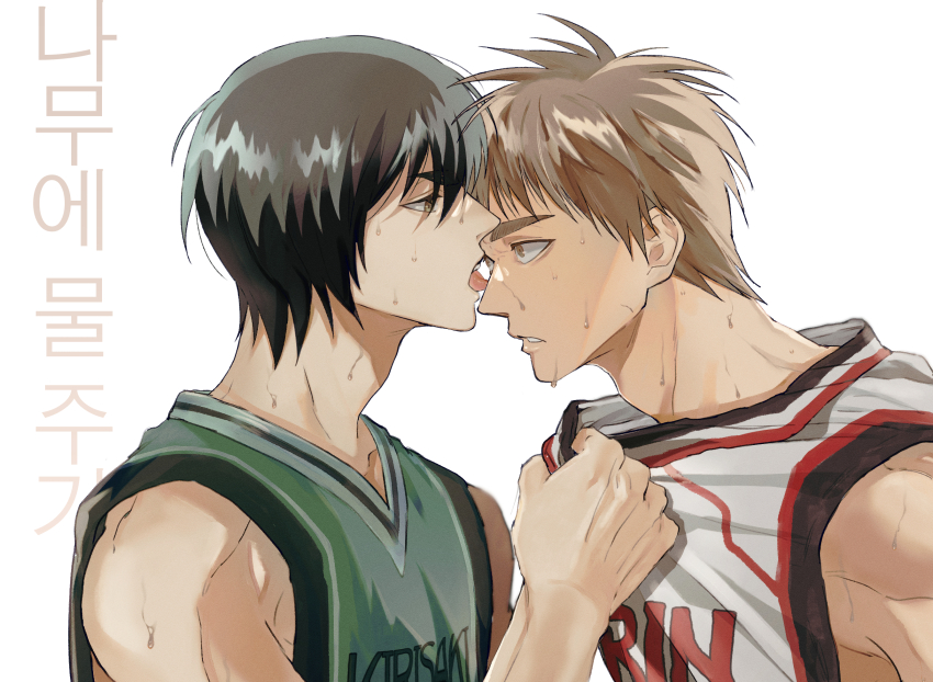 2boys adam&#039;s_apple bare_shoulders basketball_jersey black_hair brown_eyes brown_hair clothes_grab commentary eye_contact hanamiya_makoto highres jjuggu47 kirisaki_daiichi_high_basketball_uniform kiyoshi_teppei kuroko_no_basuke licking licking_another&#039;s_face looking_at_another male_focus multiple_boys parted_lips seirin_high_basketball_uniform shirt_grab sleeveless symbol-only_commentary thick_eyebrows tongue tongue_out upper_body v-neck white_background yaoi