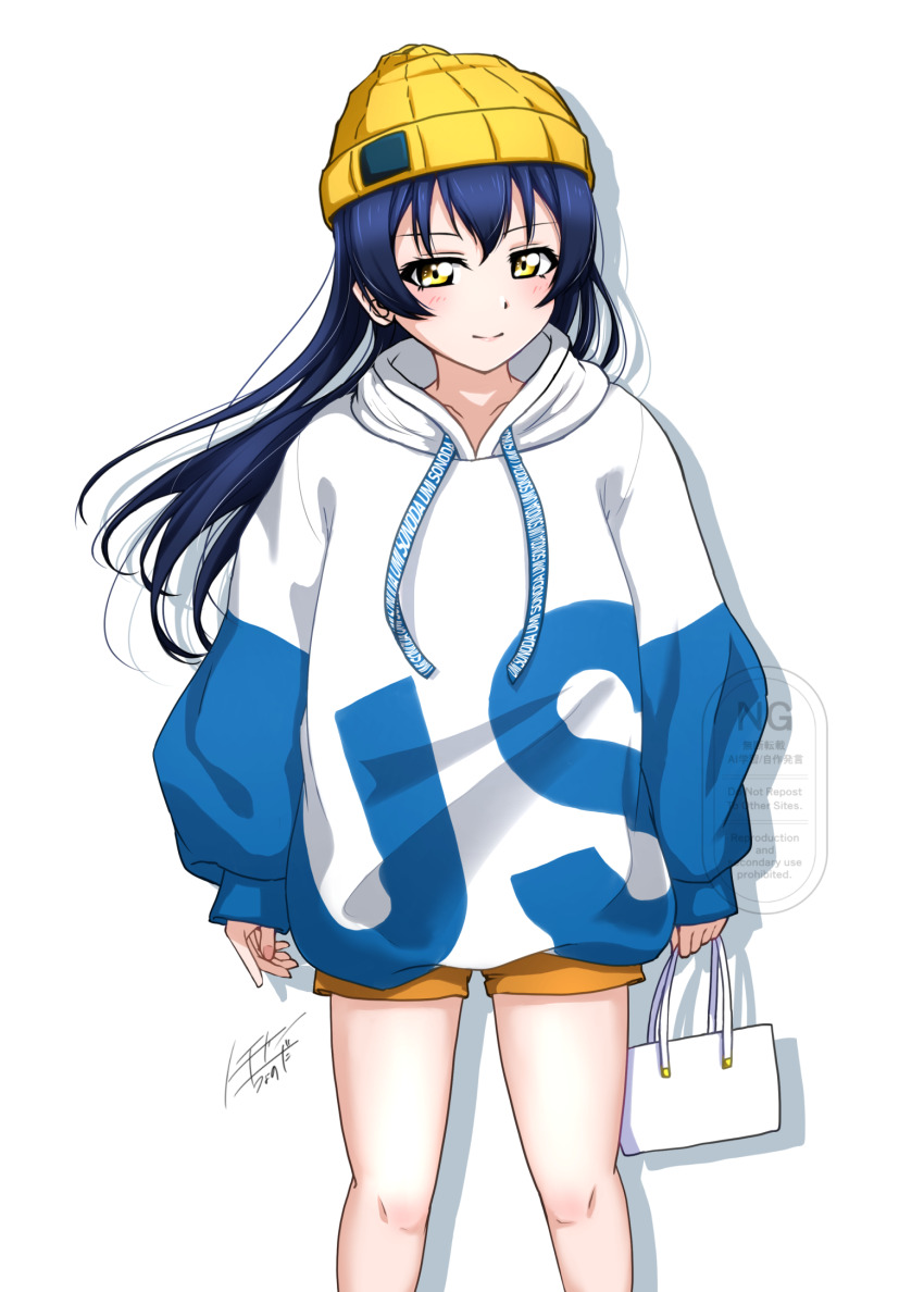 1girl bag beanie blue_hair blush closed_mouth clothes_writing commentary_request hat highres holding holding_bag hood hoodie long_hair looking_at_viewer love_live! love_live!_school_idol_project noochan_chonoda orange_shorts short_shorts shorts signature smile solo sonoda_umi watermark white_bag white_hoodie yellow_eyes yellow_hat