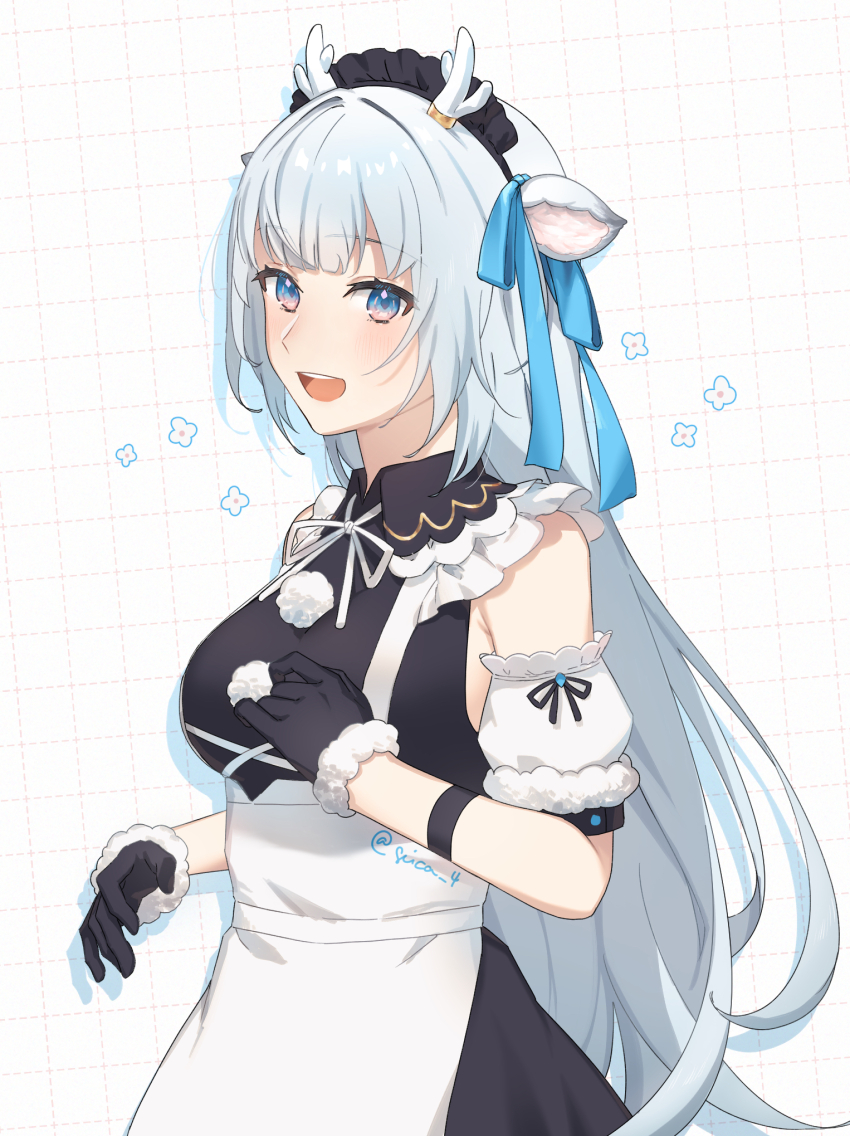1girl animal_ears antlers apron arm_garter black_dress black_gloves blue_eyes blue_hair blue_ribbon breasts collared_dress deer_ears deer_girl dress from_side fur-trimmed_gloves fur_trim gloves hair_ribbon hakushika_iori highres horns long_hair looking_at_viewer maid maid_apron maid_headdress medium_breasts open_mouth phase_connect pom_pom_(clothes) ribbon seica sleeveless sleeveless_dress solo teeth twitter_username upper_teeth_only very_long_hair virtual_youtuber