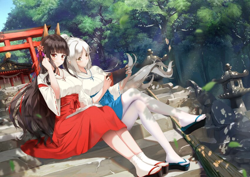 2girls akagi_(warship_girls_r) alternate_costume animal_ears black_hair blunt_bangs breasts broom brown_eyes chichengde_haotidu_afusang crossed_legs day flower forest geta hair_flower hair_ornament hakama hakama_skirt handheld_game_console highres holding japanese_clothes jewelry kaga_(warship_girls_r) kimono long_hair looking_at_viewer miko multiple_girls multiple_torii nature necklace nintendo_switch outdoors pantyhose red_eyes red_hakama sandals shrine sitting skirt smile socks stairs stone_lantern sunlight swept_bangs tabi torii tree very_long_hair warship_girls_r white_hair wide_sleeves yellow_eyes