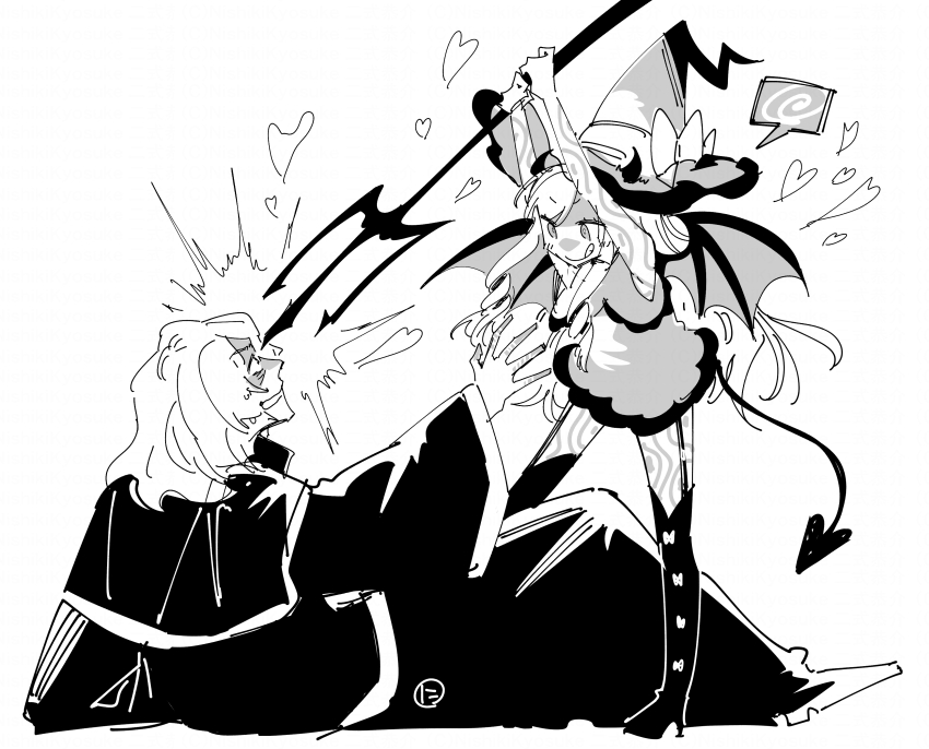 1boy 1girl absurdres black_footwear child confused curse_maker curse_maker_1 demon_horns demon_tail demon_wings doctor_magus doctor_magus_4 doodles etrian_odyssey gameplay_mechanics hand_up hat heart highres holding holding_polearm holding_weapon horns long_hair lying monochrome nikki_kyousuke on_back on_ground panicking polearm sekaiju_no_meikyuu sekaiju_no_meikyuu_2 shaded_face sweatdrop swirl tail tongue tongue_out weapon wings witch_hat