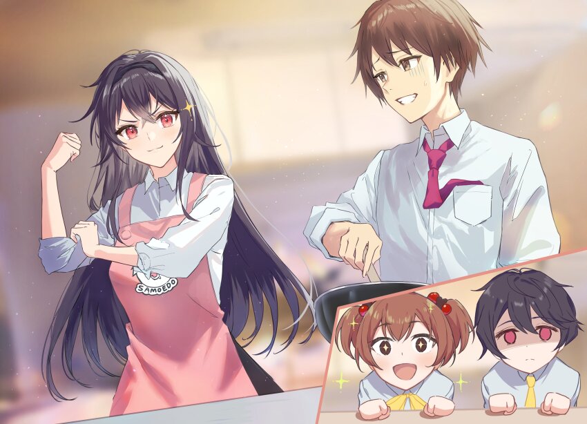 +_+ 2boys 2girls akiyama_iku akiyama_sumi apron black_hair blurry blurry_background brown_eyes brown_hair dress_shirt dutch_angle flexing frying_pan grin hand_rest highres holding holding_frying_pan ichikawa_haru kuremoto_kyouta kuremoto_soyoka long_hair looking_at_another mamatomo_to_sodateru_rabukome multiple_boys multiple_girls necktie novel_illustration o_o official_art open_mouth paneled_background red_eyes second-party_source shirt short_hair smile star_(symbol) v-shaped_eyebrows