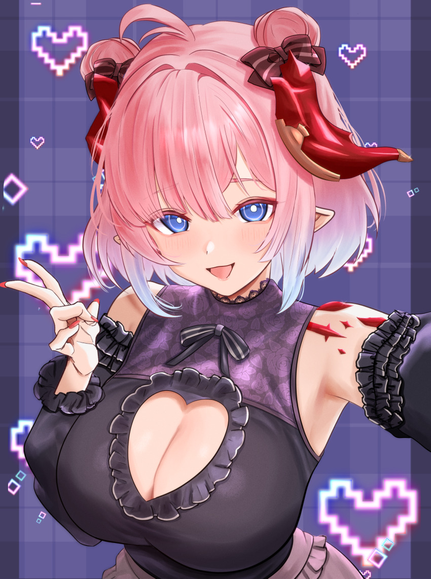 1girl bare_shoulders black_shirt blue_eyes blush breasts chichiri_(granblue_fantasy) cleavage cleavage_cutout clothing_cutout detached_sleeves draph granblue_fantasy heart_cutout highres hilda_sakura horns large_breasts long_hair looking_at_viewer medium_hair nail_polish open_mouth pink_skirt pointy_ears red_nails shirt sidelocks skirt solo upper_body v very_long_hair