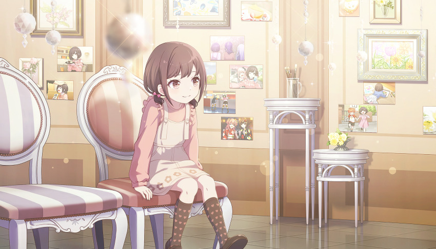 1girl aged_down akiyama_mizuki asahina_mafuyu bloom_festival_(project_sekai) blurry bokeh brown_eyes brown_hair brown_shoes brown_socks chair child closed_mouth colorful_palette depth_of_field flower frilled_shirt frills game_cg heart heart_print highres momoi_airi official_art paintbrush photo_(object) pink_shirt project_sekai purple_flower shinonome_akito shinonome_ena shirt shoes short_hair sitting skirt smile socks solo sparkle sunflower suspender_skirt suspenders table third-party_source white_skirt yellow_flower yoisaki_kanade