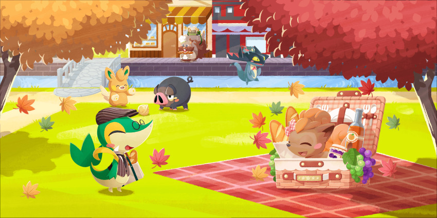 artist_request autumn_leaves awning baguette blush blush_stickers bottle bread bridge closed_eyes drakloak dreepy floating food fork fruit gen_1_pokemon gen_5_pokemon gen_8_pokemon glasses grapes greedent greedent_(baker) highres holding holding_food jam leaf lechonk nintendo official_art on_head open_mouth outdoors pawmo picnic_basket picnic_blanket plate pokemon pokemon_(creature) pokemon_cafe_remix pokemon_on_head round_eyewear smile snivy snivy_(picnic) spoon third-party_source tree vulpix vulpix_(picnic) water