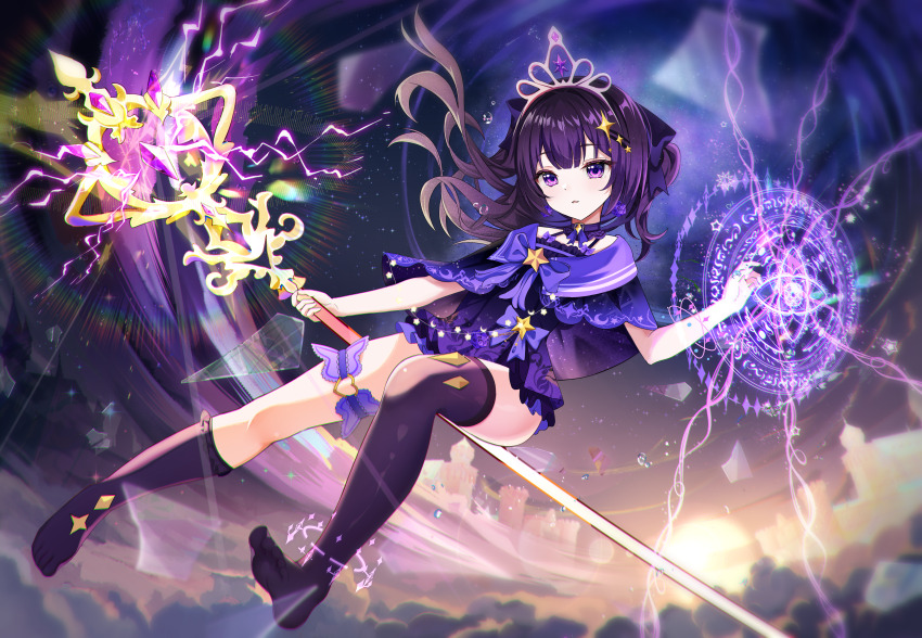 1girl absurdres asymmetrical_legwear bow chinese_commentary commentary_request commission dice dice_earrings earrings floating full_body hair_between_eyes heart heart_in_eye heart_o-ring highres holding holding_staff jewelry long_hair looking_at_viewer mo_nv_zhi_wen_nai_bai_he_zhi_wei no_shoes o-ring o-ring_thigh_strap parted_lips pink_tiara purple_bow purple_eyes purple_hair purple_thighhighs solo staff star_(symbol) symbol_in_eye teeth_bro thigh_strap thighhighs uneven_legwear very_long_hair