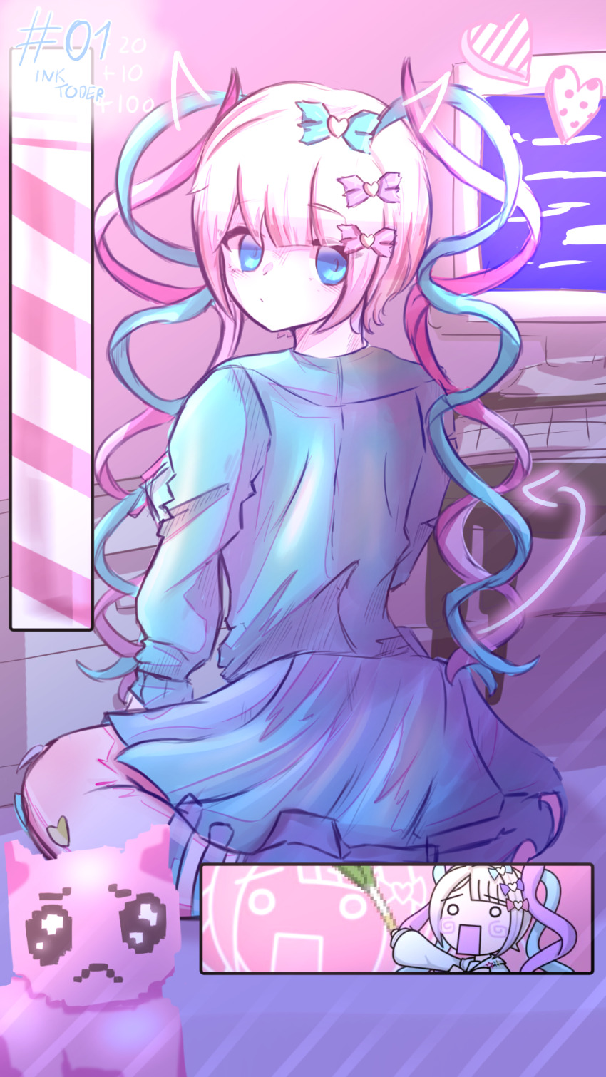 1girl blonde_hair blue_bow blue_eyes blue_hair bow chouzetsusaikawa_tenshi-chan hair_bow highres ievan_polkka_(vocaloid) kadakine long_hair long_sleeves looking_at_viewer multicolored_hair needy_girl_overdose parody pien_cat_(needy_girl_overdose) pink_bow pink_hair purple_bow quad_tails sailor_collar school_uniform serafuku shirt skirt smile solo twintails