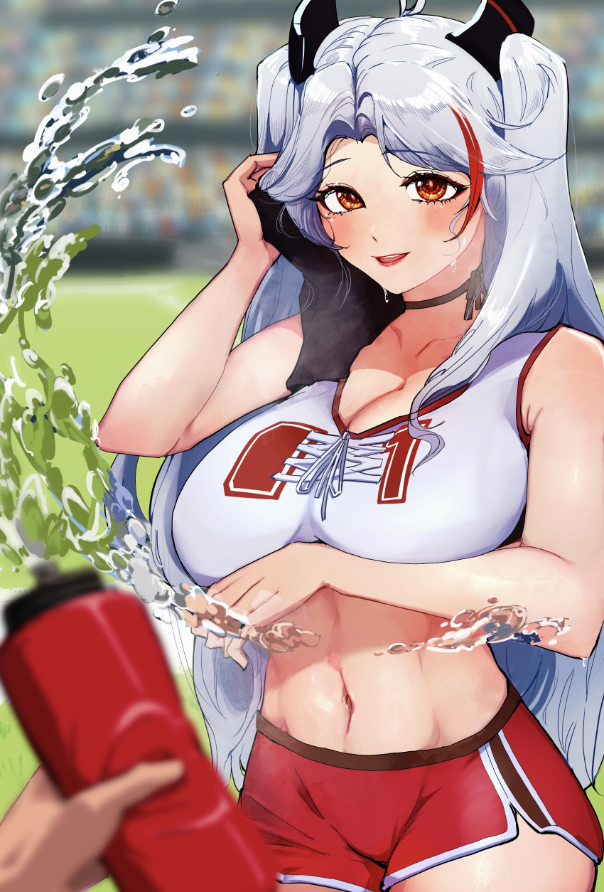 1girl absurdres azur_lane black_choker blurry blurry_background blurry_foreground bottle breasts choker cleavage cowboy_shot crop_top day depth_of_field highres holding holding_bottle large_breasts long_hair looking_at_viewer midriff multicolored_hair navel nocturnal_melonpan number_print official_alternate_costume orange_eyes outdoors plastic_bottle pov pov_hands prinz_eugen_(azur_lane) prinz_eugen_(brilliant_touchdown)_(azur_lane) red_hair red_shorts short_shorts shorts solo_focus sports_bra stadium streaked_hair sweat very_long_hair water_bottle white_hair white_sports_bra wiping_sweat