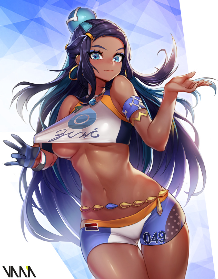 1girl aqua_eyes aqua_hair armlet artist_name bike_shorts bikini black_gloves breasts closed_mouth dark-skinned_female dark_skin earrings female_focus game_freak gloves gym_leader hair_bun highres hoop_earrings jewelry long_hair looking_at_viewer medium_breasts midriff multicolored_hair navel nessa_(pokemon) nintendo partially_fingerless_gloves pokemon pokemon_swsh purple_hair single_hair_bun smile solo sportswear swimsuit tankini thigh_gap two-tone_hair underboob vana