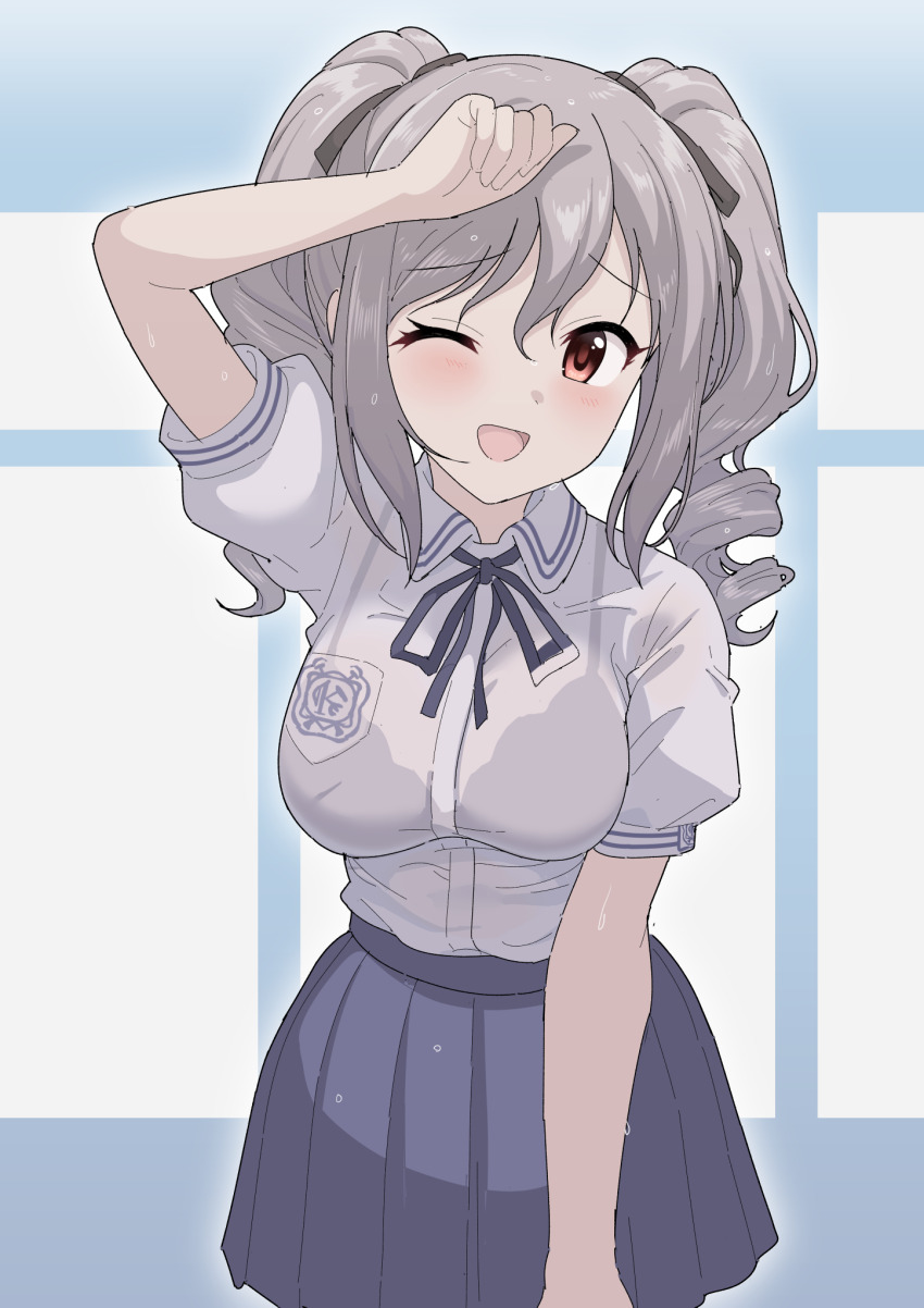 1girl arm_up blouse blush bra_visible_through_clothes commentary_request drill_hair grey_hair hair_ribbon highres idolmaster idolmaster_cinderella_girls kanzaki_ranko long_hair one_eye_closed open_mouth perapera red_eyes ribbon see-through_clothes shirt smile solo twin_drills twintails wet wet_clothes wet_shirt