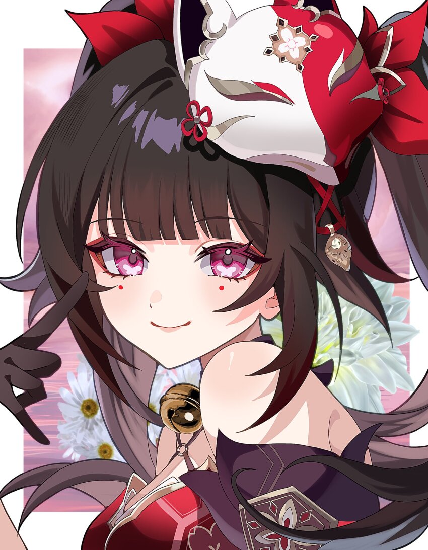 1girl bare_shoulders bell black_gloves border brown_hair butterfly-shaped_pupils commentary daisy detached_sleeves facial_mark floral_background flower gloves highres honkai:_star_rail honkai_(series) looking_at_viewer mask mask_on_head neck_bell pink_background pink_eyes pointing pointing_at_self red_shirt rei_(sss35_ss3) shirt simple_background smile solo sparkle_(honkai:_star_rail) symbol-shaped_pupils twintails upper_body white_flower