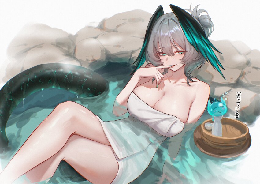 1girl absurdres aqua_eyes aqua_feathers aqua_nails aqua_wings arknights black_feathers black_wings blush breasts cleavage collarbone commentary crossed_legs english_commentary feathered_wings feathers finger_to_mouth grey_hair hair_between_eyes hand_up head_wings highres ho&#039;olheyak_(arknights) in_water large_breasts legs licking_own_finger looking_at_viewer naked_towel parted_lips short_hair sitting smile snake_girl snake_tail solo tail tongue tongue_out towel two-tone_feathers two-tone_wings uof very_long_tail water wings