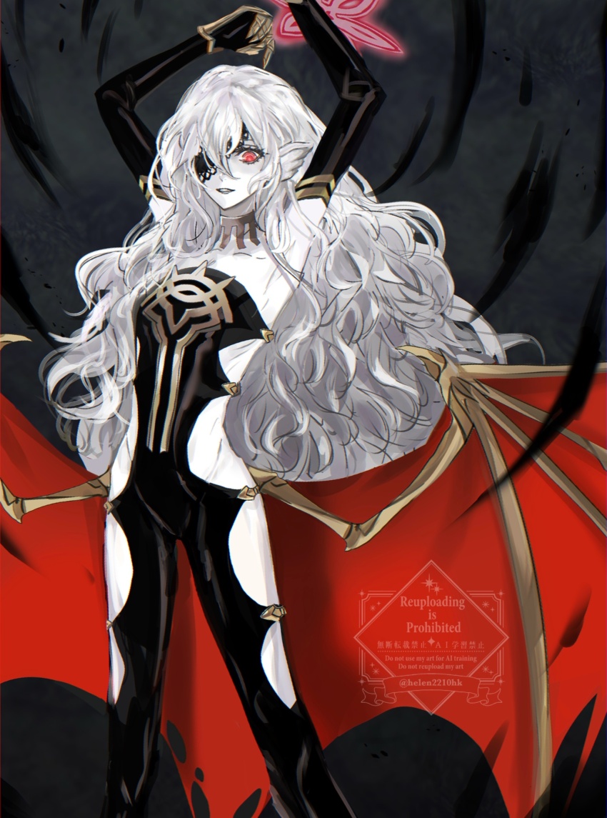 1girl animal_ears bat_wings black_bodysuit black_lips bodysuit commentary embla_(fire_emblem) eyepatch fire_emblem fire_emblem_heroes gold_trim grey_background halo helen_(helen2210hk) highres lipstick long_hair makeup metal_gloves nintendo pointy_ears red_eyes skinny solo unkempt very_long_hair watermark wings