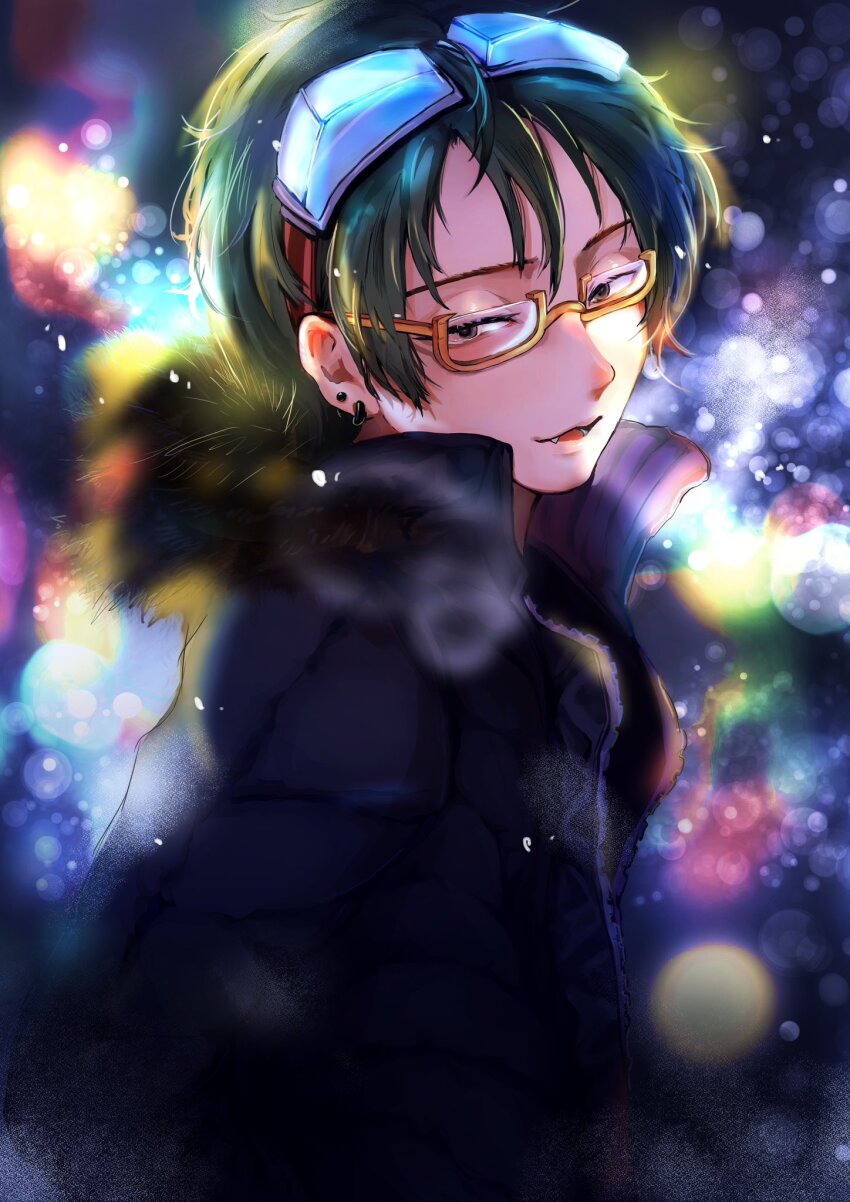 1boy black_hair coat from_side glasses gnosia goggles green_hair highres hood jacket jewelry koyuuuuuuuuuuu long_sleeves looking_at_viewer male_focus navel necklace sha-ming shirt short_hair solo upper_body