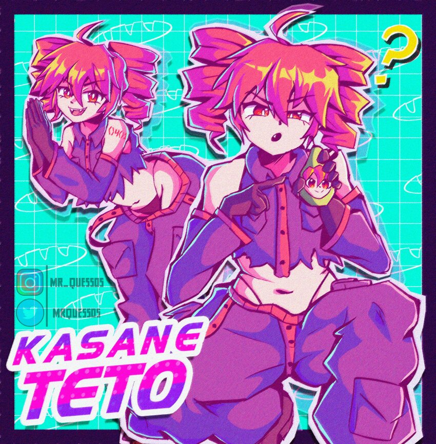 absurdres ahoge alternate_costume aqua_background bikini black_border black_hair black_pants black_skirt border breast_pocket buttons character_name cropped_shirt detached_sleeves drill_hair flat_chest food fruit hair_between_eyes highres holding holding_food holding_fruit instagram_username kasane_teto kasane_teto_(utau) leaning_forward midriff_peek mrquessos multiple_views navel open_mouth own_hands_clasped own_hands_together pants pear pearto pocket red_eyes red_hair shirt side-tie_bikini_bottom skirt sleeveless sleeveless_shirt standing swimsuit tankini torn_clothes torn_shirt twin_drills twitter_username utau