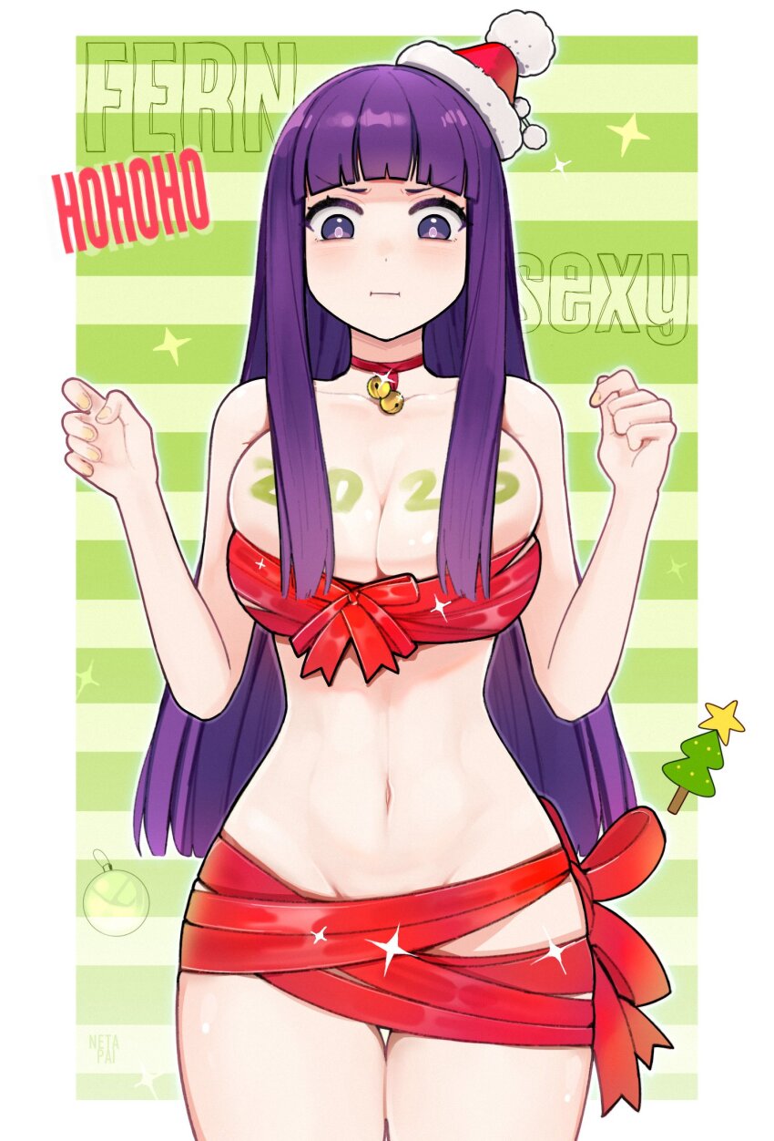 1girl 2025 bell blush choker closed_mouth collarbone cowboy_shot fern_(sousou_no_frieren) green_background groin hands_up hat highres long_hair naked_ribbon navel neck_bell netapai1 purple_hair red_choker red_hat red_ribbon ribbon santa_hat shiny_skin solo sousou_no_frieren sparkle striped_background white_background